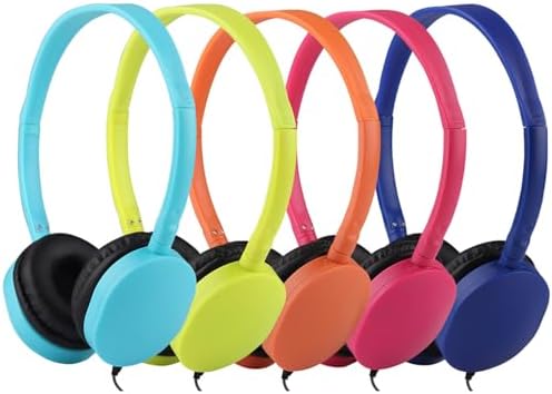 Kids Headphones Bulk 5 Pack Multi Color for Classroom School Students Children Teen Boys Girls and Adults (PU102, 5 Mixed)