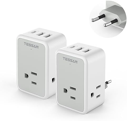 2 Pack European Travel Plug Adapter, TESSAN US to Europe Power Converter 3 Outlets 3 USB Ports(1 USB C), Type C Adaptor for USA to EU Germany Iceland Spain Italy France International Essentials