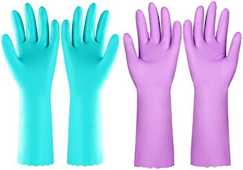 Elgood Reusable Dishwashing Cleaning Gloves with Latex free, Cotton lining,Kitchen Gloves 2 Pairs,Purple+blue large