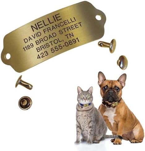 LuckyPet Rivet-On Pet ID Tags - Dog Tags Personalized - Durable Engraved Pet Name Tags - Custom Silent Pet ID Tags - Suitable for Cats and Dogs - Large, Polished Brass Finish