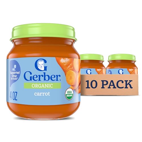Gerber Stage 1 Baby Food, Organic Carrot Jar, Carrot Puree, Non-GMO, Vegetable Baby Food, Puree Jars Glass, 10-pack