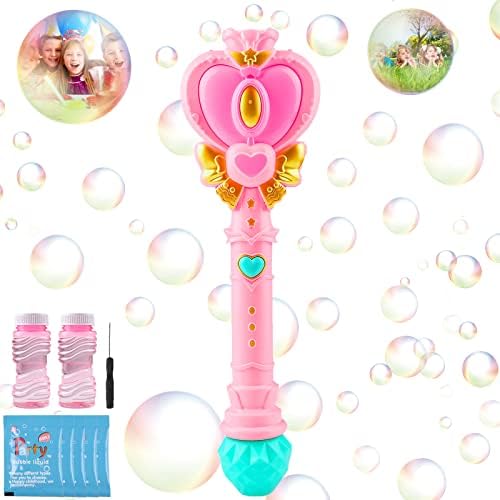 Bubble Wand for Kids, Princess Heart Bubble Machine Blower Maker Wand with Light, Easter Basket Stuffers Outdoor Toys Gifts for 1 2 3 4 5 6 7 8 Years Old Toddlers Little Girls Include Bubble Solution