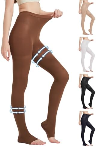 MGANG Medical Compression Pantyhose for Women & Men, 15-20mmHg Graduated Compression Support Tights, Open Toe, Opaque Waist High Compression Stockings for Edema, Varicose Veins, Flight, DVT, Brown M
