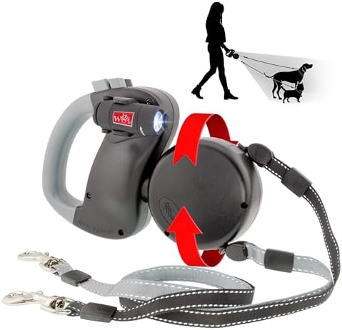 WIGZI - 2025 Edition - 2 Dog Retractable Leash with Light (L.E.D), No Tangle 360 Technology, Independent Braking Each Dog up to 50lbs Each Dog with 10 ft Reflective Leads for Safety