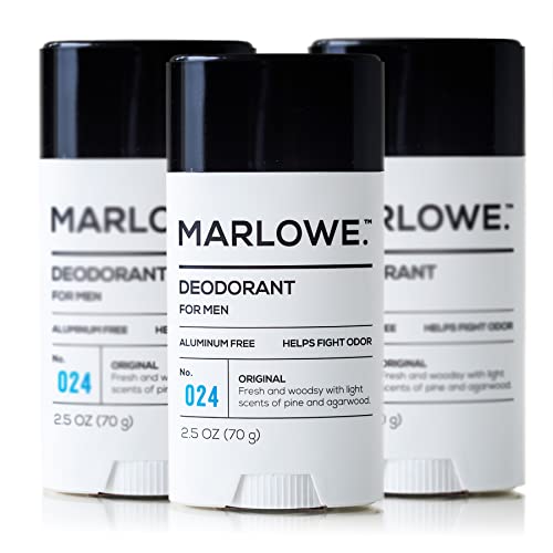 MARLOWE. No. 024 Natural Deodorant for Men 3-Pack | Aluminum Free Stick | Made with Coconut Oil, Shea Butter, Jojoba | Only No-Nonsense Ingredients that Work Best | Fresh & Woodsy Scent
