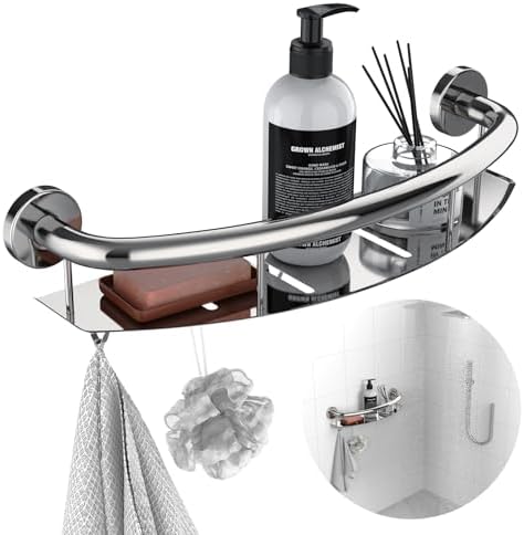 Polished Chrome Safety Grab Bar 18-inch with Storage Shelf for Bathtub or Shower, Drainage Holes, Stainless Steel, Wall Mounted Grab Bars for Elderly Injured Balance Support