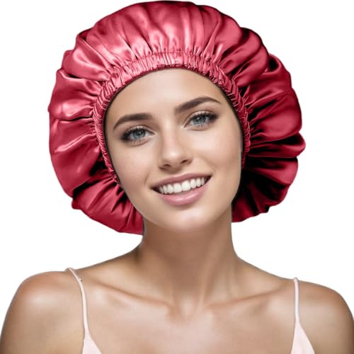 Satin Bonnet Silk Bonnet for Sleeping Women and Men, Ajustable Hair Bonnet for Curly Hair with Double Layer Hair Bonnet,Wine red - Black,Medium