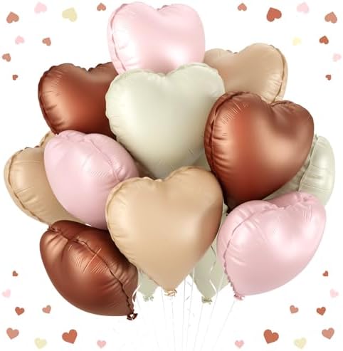 12 Pcs Heart Balloons, 18 inch Cream Brown Pink Heart Shaped Balloons, Big Heart Mylar Helium Balloons, Retro Pink Heart Love Foil Balloons for Wedding Baby Shower Valentine Party Decorations