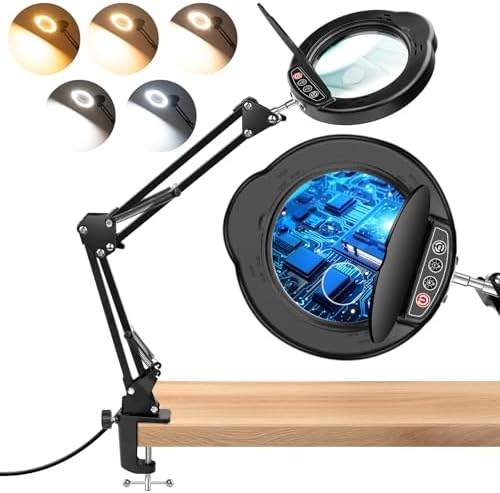 15X 10X Magnifying Glass with Light and Clamp, 5-inch Lighted Magnifier with Dust Cover, 84 LED 5 Color Modes Stepless Dimmable Hands-Free Magnifying Glass Desk Lamp for Reading Craft Hobby Close Work