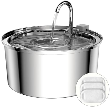 Tomxcute Cat Water Fountain, 3.2L/108oz Automatic Stainless Steel Pet Fountain Dog Water Dispenser, Ultra-Quiet Pump and 3 Replacement Filters & for Cats, Dogs, Multiple Pets