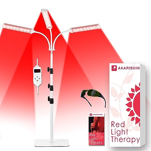 Akarishin Red Light Therapy Lamp- 660nm Red Light,850nm & 940nm Infrared Light Therapy with Height Adjustable Stand,Timer with Digital Display - Effective for Body Pain and Skin Vitality，3 Head