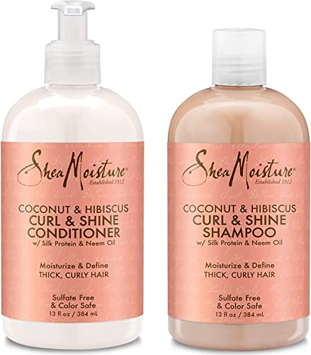 Shea Moisture Shampoo and Conditioner Set, Coconut & Hibiscus Curl & Shine, Curly Hair Products with Coconut Oil, Vitamin E & Neem Oil Provides Frizz Control, 13 Fl Oz Ea