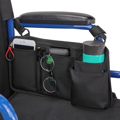 JOYTUTUS Walker Side Bag, Wheelchair Armrest Storage Pouch with Cup Holder, Wheelchair Accessories for Seniors, Walker Bag Cup Holder for Walker, Rollator, Electric Scooter or Wheelchair Black