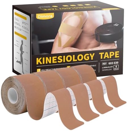 Dimora Uncut Kinesiology Tape, Original Cotton, 16' Elastic Athletic Tape for Muscle Pain Relief and Joint Support, 4 Rolls, Beige
