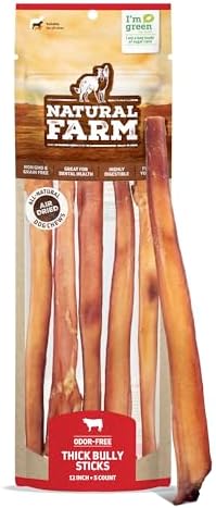 Natural Farm Odor-Free Thick Bully Sticks (12”, 5-Pack) All-Natural Long-Lasting Dog Chews, 100% Beef Pizzle, Grass-Fed, Grain-Free, Protein for Muscle Development & Energy, Perfect for Large Dogs