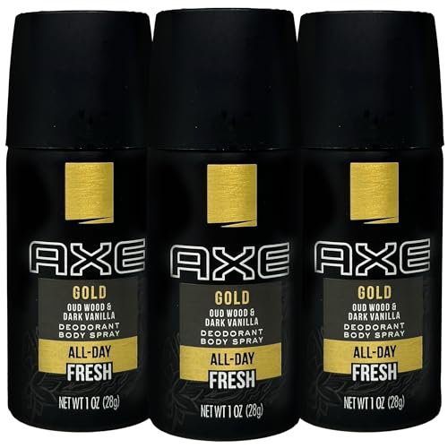 Axe Gold Travel Size Body Spray, Oud Wood and Dark Vanilla Deodorant Body Spray, 1 Ounce (Pack of 3)