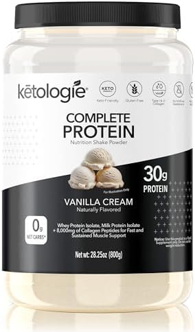 Complete Protein Keto Shake (Vanilla Cream) - 30g Protein with Whey & Milk Protein Isolate, Grass-Fed Hydrolyzed Collagen, Low Carb, Gluten-Free, No Sugar Alcohols, 1.77lbs.
