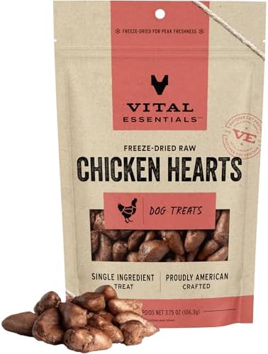 Vital Essentials Freeze Dried Raw Single Ingredient Dog Treats, Chicken Hearts, 3.75 oz | Premium Quality High Protein Training Treats | Grain Free, Gluten Free, Filler Free