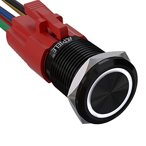 APIELE 16mm Latching Push Button Switch 12V DC On Off Black Shell with LED Angel Eye Head for 0.63" Mounting Hole with Wire Socket Plug Self-Locking (White/Black Shell)