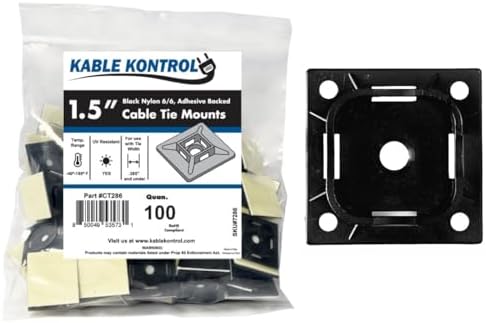 Kable Kontrol Zip Tie Mounts, 1-1/2” Sq, Black, 100 Pcs, Adhesive Backed Multi-Purpose UV-Resistant Mounting Squares Nylon Cable Tie Wrap Anchor Pads for Cable Management