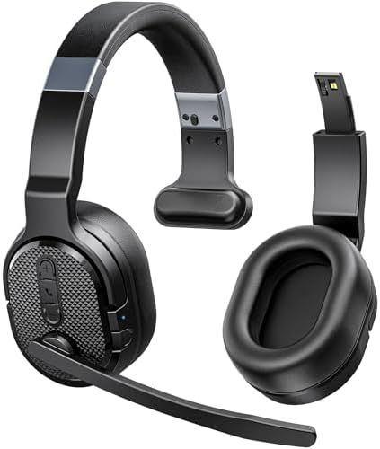 Trucker Bluetooth Headset, Wireless Headsets with Noise Cancelling Microphone, 50+Hrs HD Talktime Bluetooth Headphones with Detachable Earpad/Single+Dual Mode for Office/Driving/Home