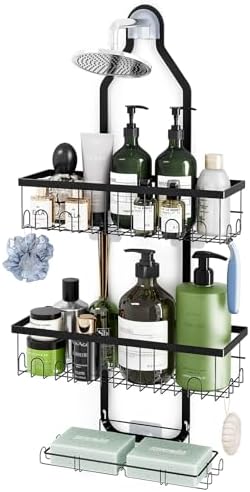 Fixwal Shower Caddy Hanging Over Shower Head, Height Adjustable Bathroom Black Rustproof Shower Organizer Hanging Shelf Storage with 2 Soap Holders, Hooks for Towels, Sponge, Razor