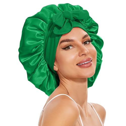 Large Satin Silk Hair Bonnet for Sleeping, Double Layer Satin Bonnets with Tie Band Hair Wrap for Women Men Shower Cap