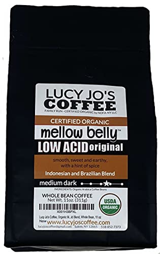 Lucy Jo's Coffee, Organic Mellow Belly Low Acid Blend, Medium Dark Roast, Whole Bean, 11 oz (11 OZ)