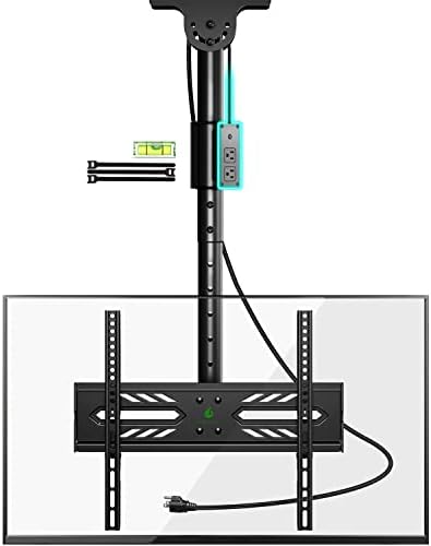Greenstell Ceiling TV Mount with Power Outlet, TV Mount for 26-65 inch TVs, TV Ceiling Mount with 900J Surge Protection, Swivel, Tilt and 6 Height Adjustable, Max VESA 400x400mm, Holds up to 110Lbs
