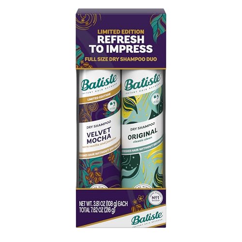 Batiste Dry Shampoo Limited Edition Holiday Gift Set Duo, Velvet Mocha & Original Scent, Refreshes Hair, Removes Oil & Grease, 7.62 Oz, 2 Pack