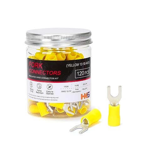HKS 120PCS Insulated Fork Spade Wire Connectors - Yellow 12-10 AWG M5 Stud Size #10 - Tinned Red Copper - U-Type Electrical Crimp Terminals