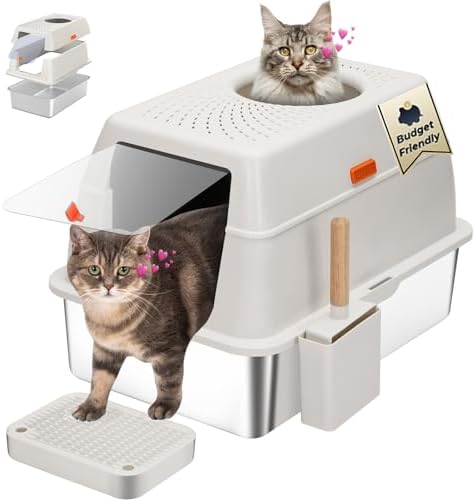Stainless Steel Litter Box with Lid, SUS304 Metal Cat Litter Boxes, Enclosed Extra Large Kitty LitterBox High Wall, Jumbo Cat Toilet with Triple Pedal, Non-Sticky, Anti-Leakage (XL White)