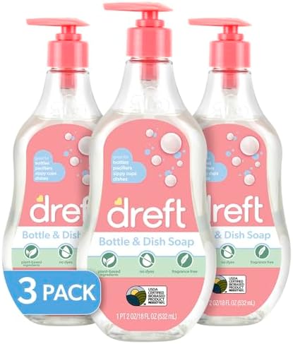 DREFT Bottle and Dish Soap | Made to Clean Baby Bottles, Sippy Cups, Pacifiers, Breast Pumps, & More | Gently Removes Milk Film & Odors | Plant Based, Fragrance Free Dish Soap | 18 Fl Oz (Pack of 3)