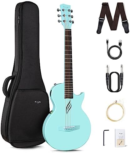Enya NOVA Go SP1 Carbon Fiber Acoustic Electric Guitar with Smart AcousticPlus 35 Inch Travel Acustica Guitarra Starter Bundle Kit of Gig Bag, Strap, Strings, Charging Cable, Instrument Cable(Blue)
