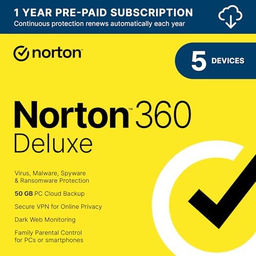 Norton 360 Deluxe 2025, Antivirus software for 5 Devices with Auto Renewal - Includes VPN, PC Cloud Backup & Dark Web Monitoring [Download]