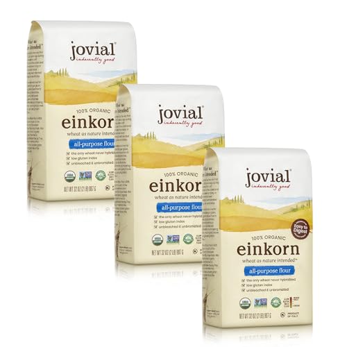 Jovial Organic Einkorn Unbleached All Purpose Flour - Bread Baking Flour for Sourdough, High Protein, Non-GMO, Organic Pizza & Pasta Flour, European Italian Flour, Glyphosate Free - 32 Oz, 3 Pack