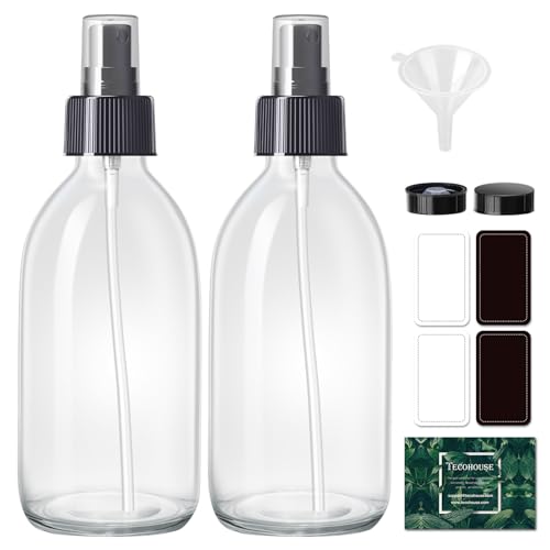 2 Pack Glass Spray Bottles, 250ml Small Glass Bottles for Cleaning Solutions, Spray Bottles for Essential Oils, Plants, with Durable Nozzle, Labels, Funnel - Clear