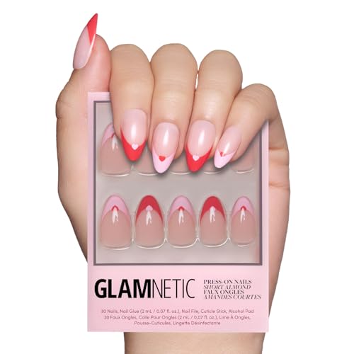 Glamnetic Press On Nails - Pure Hearted | Short Almond Nails with Heart Accents, Reusable Stick On Fake Nails with Glue | Love In Bloom Spring Nails | 15 Sizes - 30 Nail Kit with Glue