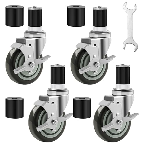 4 inches Prep Table Wheels Set of 4, 1-1/2" and 1-5/8" Expanding Stem Caster with Side Brake for Stainless Steel Table, Cart, Furniture Legs, Commercial Kitchen Appliances, Workbench