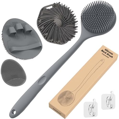 Manmihealth Silicone Back Scrubber & Soft Bath Glove Set 4 PCS(Thin Bristles), Super-Exfoliating Body Scrubber & Super-Lathering Shower Brush Combination, with 2 Free Hooks (Gray)