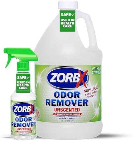 ZORBX Unscented Odor Eliminator for Strong Odor - Used in Hospitals & Healthcare Facilities | Advanced Trusted Formula, Fast-Acting Odor Remover Spray for Dog, Cat, House & Carpet (16 Oz + 128 Oz)