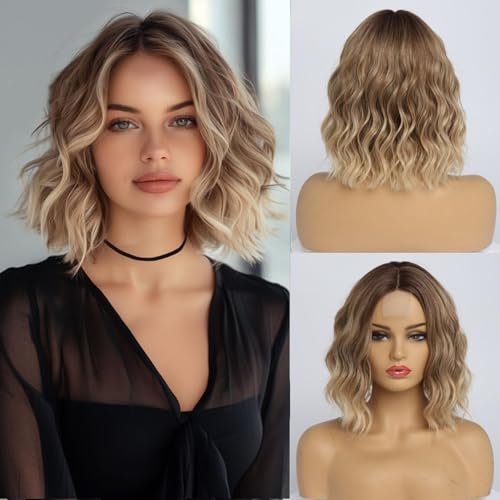 Short Ombre Blonde Wavy Wig for Women 14 Inch Shoulder Length Middle Part Curly Wavy Bob Wig Natural Looking Synthetic Heat Resistant Fiber Wig for Daily Party Use