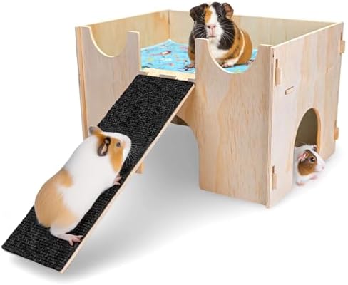Guinea Pig Hideout - X-Large Guinea Pig Wooden Hideout w/Guinea Pig ramp & Guinea Pig Bedding - Waterproof Pee pad. Untreated Wood Guinea Pig hut/Guinea Pig House/Hamster Hideout/Bunny Hideout.