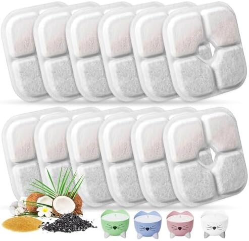 Cat Water Fountain Replacement Filters Fit for 2.5L Fountain with Whiskers Pattern Triple Action Water Pet Cat Drinking Fountain Filter Pack of 12