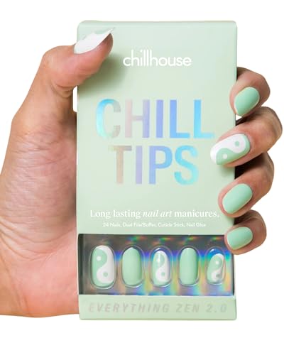 Chillhouse Chill Tips Signatures Press On Nails Kit, 2.0 Everything Zen - 24 Nail Shapes & Sizes, Dual-Sided Buffer & File, Cuticle Stick & Glue - Long-Lasting Nail Art Manicures