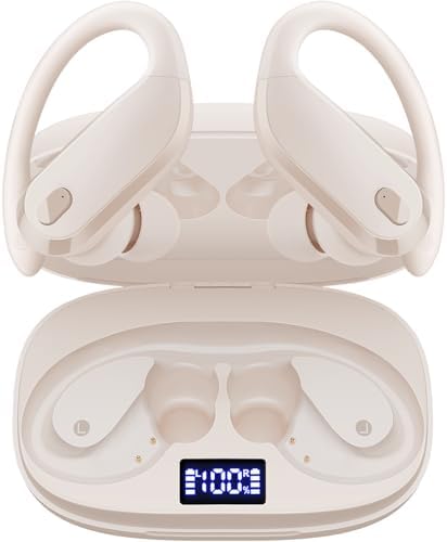 GNMN Wireless Earbuds Bluetooth Headphones Over Ear Buds 90H Playback IPX7 Waterproof Sports Earphones Deep Bass with Wireless Charging Case Dual LED Power Display Earhooks Headset for Running White