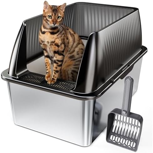 Tripamin 15” Stainless Steel Cat Litter Box,XL Stainless Steel with High Sides, Extra Large Metal Cat Litter Box for Big Cats, Multi Cats&Kitty, Easy Cleaning, Non-Sticky(Translucent Black)
