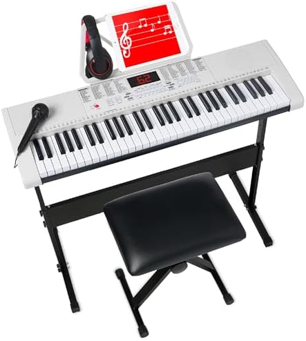 Best Choice Products 61-Key Electronic Keyboard Piano Portable Electric Keyboard Complete Beginner Set w/LED Screen, Stand, Bench, Headphones - White