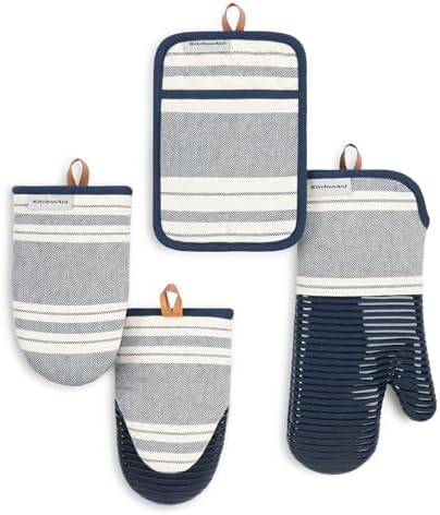 KITCHENAID Vintage Stripe Oven Mitt, Mini Oven Mitt & Pot Holder 4-Pack, 100% Cotton, Heat Resistant, Ink Blue/Ivory, 7"x14", 5.5"x9" & 7"x10"