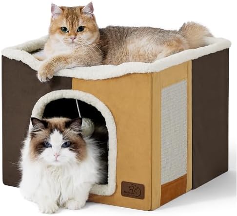 Bedsure Cat Beds for Indoor Cats - Large Cat Cave for Pet Cat House with Fluffy Ball Hanging and Scratch Pad, Foldable Cat Hideaway,16.5x16.5x13 inches, Burnt Honeycomb